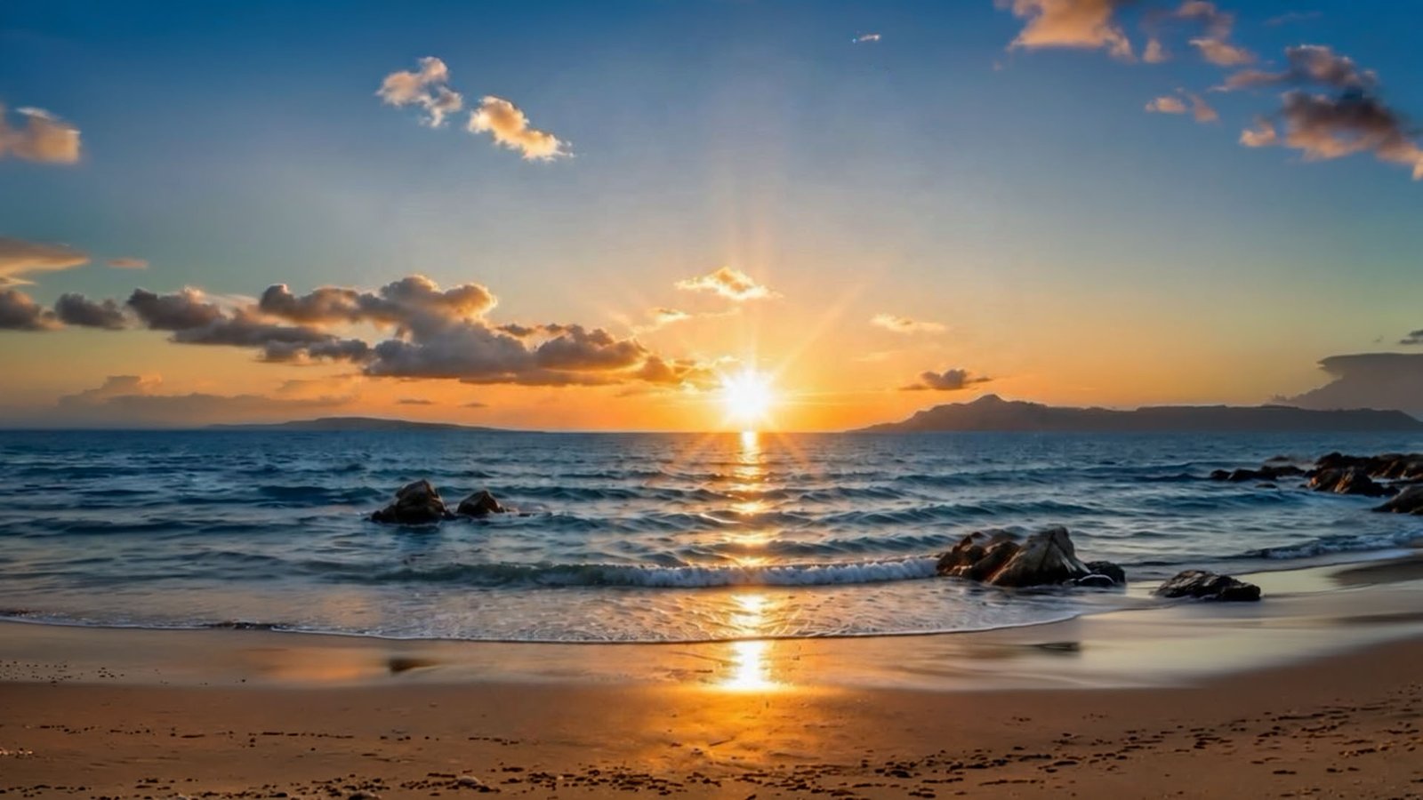 Calm ocean beach at sunset with golden light